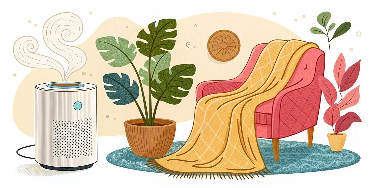 Modern air purifier in a cozy living room with a pink armchair and plants.