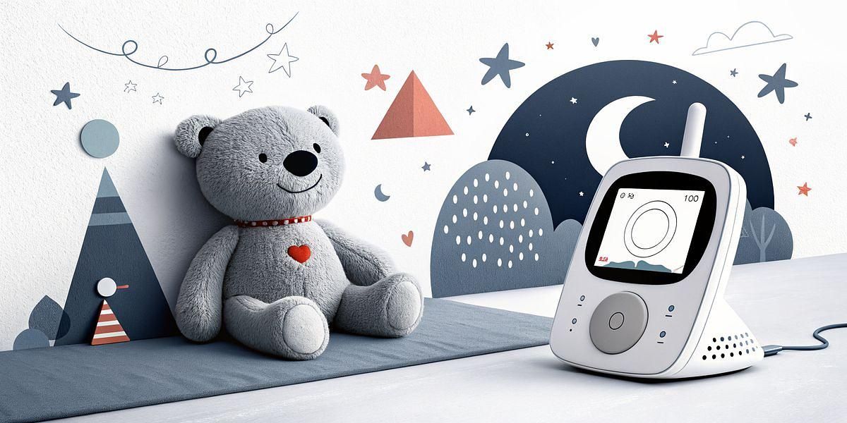 Gray teddy bear with a red heart next to a modern baby monitor