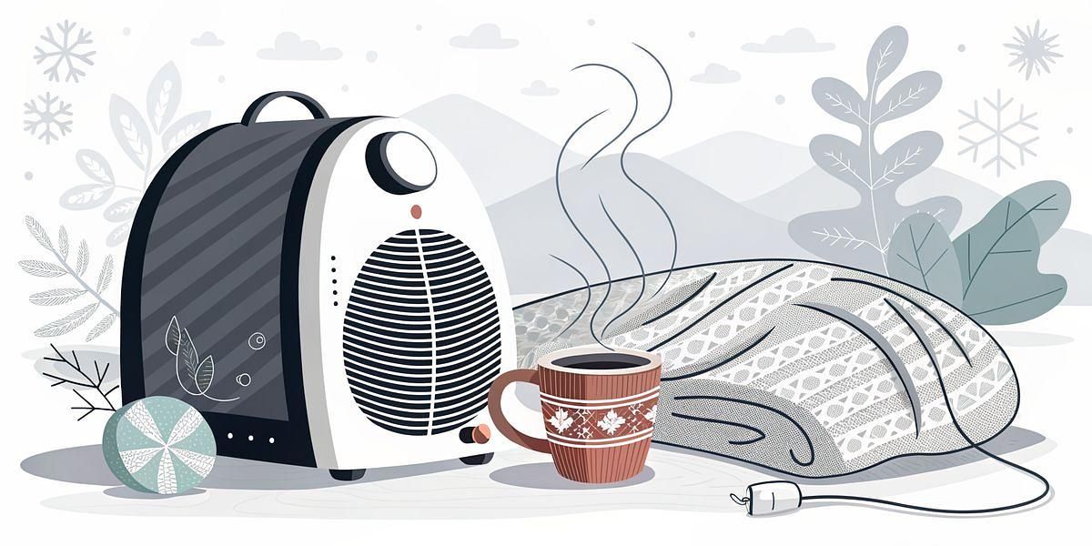Compact space heater with steaming mug and cozy blanket.